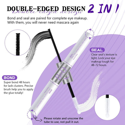 B&Q Lash Bond and Seal: Waterproof Latex-Free Lash Glue & Adhesive with Precision Brush, Clear Quick Dry Formula for Sensitive Eyes, Strong Long Lasting Hold for DIY Fluffy Cluster Lashes Extensions