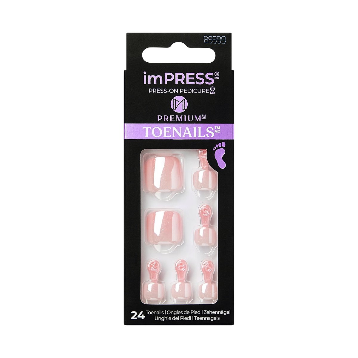 KISS imPRESS Premium No Glue Pedi Press-On Toenails - Sparkling Light Pink Pearl, Squoval Shape, 24 Nails + Prep Pad + Manicure Stick + Mini File - görsel 1