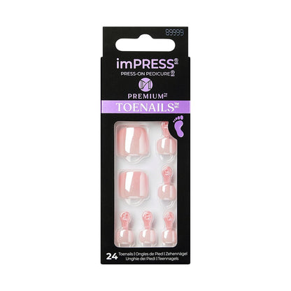 KISS imPRESS Premium No Glue Pedi Press-On Toenails - Sparkling Light Pink Pearl, Squoval Shape, 24 Nails + Prep Pad + Manicure Stick + Mini File