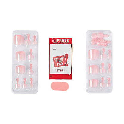 KISS imPRESS Premium No Glue Pedi Press-On Toenails - Sparkling Light Pink Pearl, Squoval Shape, 24 Nails + Prep Pad + Manicure Stick + Mini File
