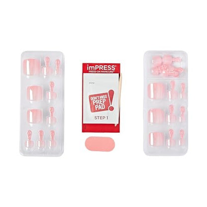 KISS imPRESS Premium No Glue Pedi Press-On Toenails - Sparkling Light Pink Pearl, Squoval Shape, 24 Nails + Prep Pad + Manicure Stick + Mini File