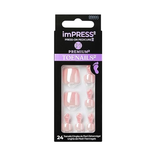 KISS imPRESS Premium No Glue Pedi Press-On Toenails - Sparkling Light Pink Pearl, Squoval Shape, 24 Nails + Prep Pad + Manicure Stick + Mini File - görsel 2