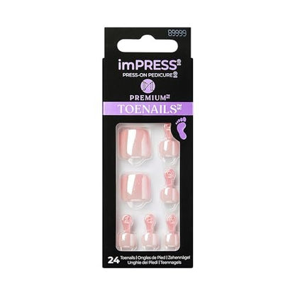KISS imPRESS Premium No Glue Pedi Press-On Toenails - Sparkling Light Pink Pearl, Squoval Shape, 24 Nails + Prep Pad + Manicure Stick + Mini File
