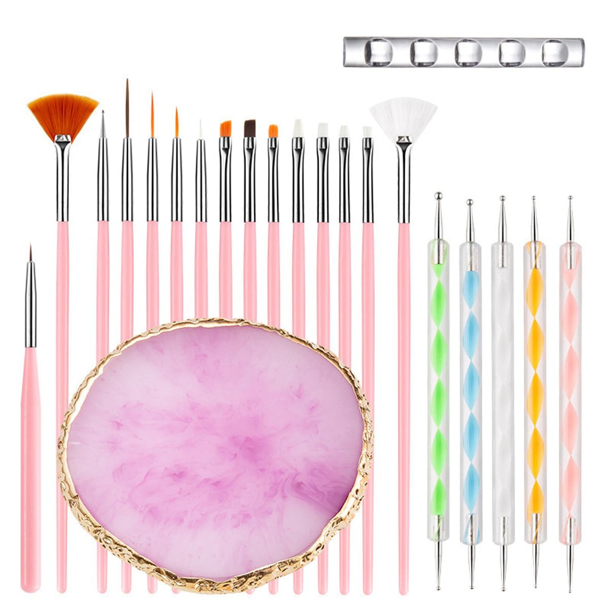 HomTop 22-Piece Nail Art Tools Set with Resin Palette, Acrylic Silicone Engraving Pen & Dotting Tools for DIY Home Salon - Pink - görsel 1