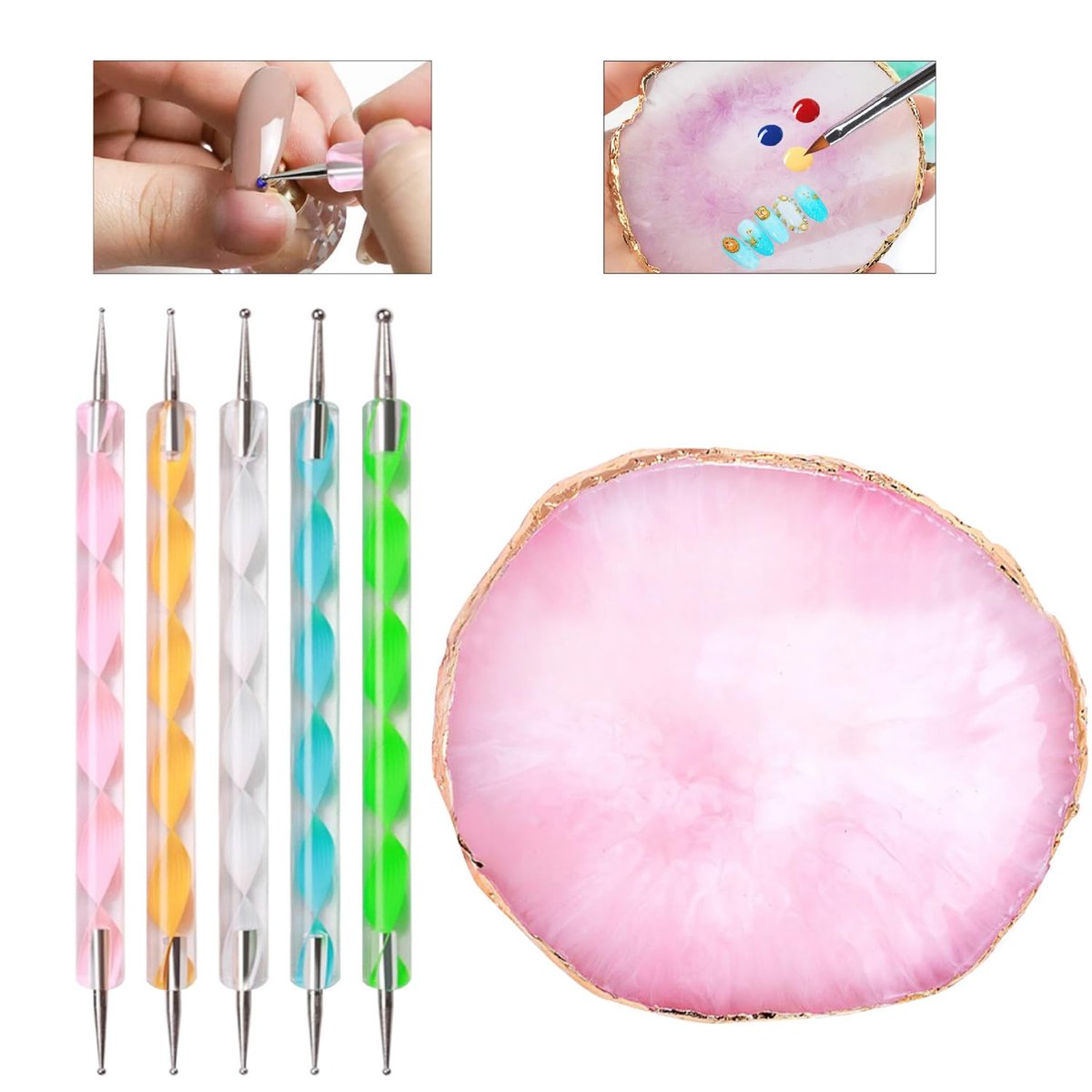 HomTop 22-Piece Nail Art Tools Set with Resin Palette, Acrylic Silicone Engraving Pen & Dotting Tools for DIY Home Salon - Pink - görsel 7
