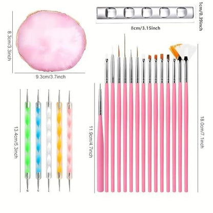 HomTop 22-Piece Nail Art Tools Set with Resin Palette, Acrylic Silicone Engraving Pen & Dotting Tools for DIY Home Salon - Pink