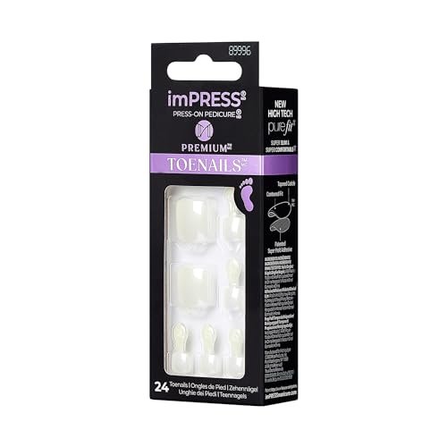 KISS imPRESS Premium No Glue Pedi Press-On Toenails, Sparkling White Pearl, Squoval Shape, 24 Nails, Large Size Avelisse