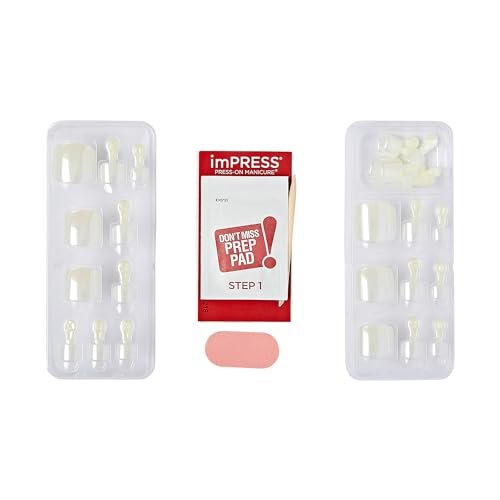 KISS imPRESS Premium No Glue Pedi Press-On Toenails, Sparkling White Pearl, Squoval Shape, 24 Nails, Large Size Avelisse