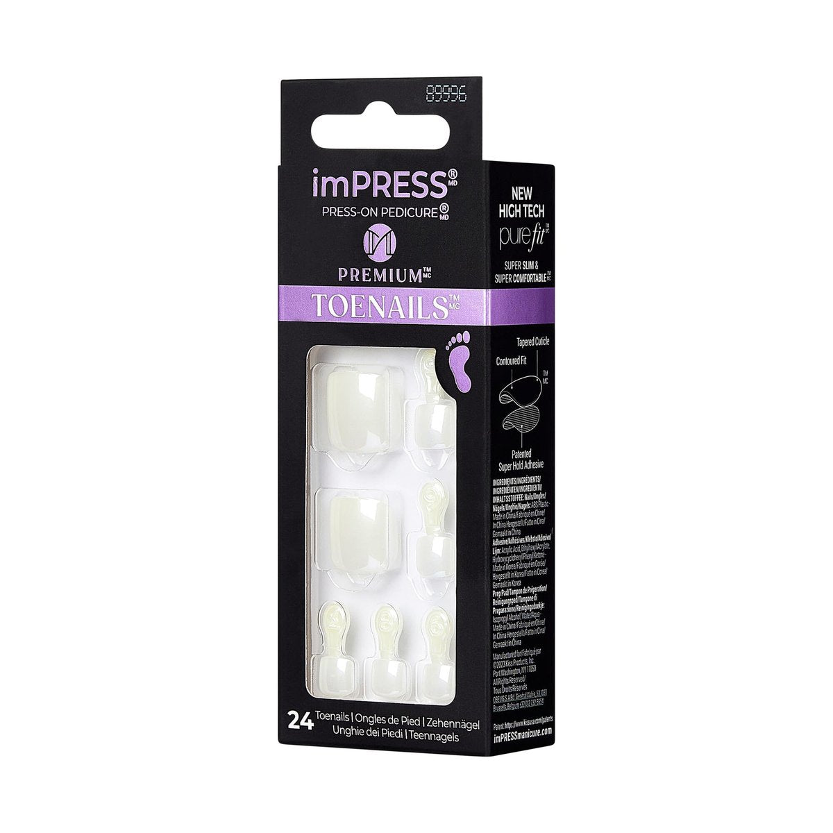 KISS imPRESS Premium No Glue Pedi Press-On Toenails, Sparkling White Pearl, Squoval Shape, 24 Nails, Large Size Avelisse