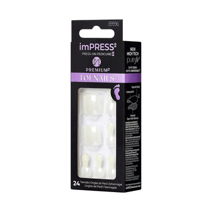 KISS imPRESS Premium No Glue Pedi Press-On Toenails, Sparkling White Pearl, Squoval Shape, 24 Nails, Large Size Avelisse