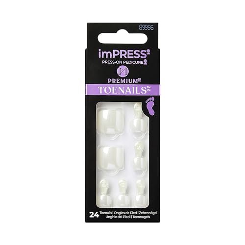 KISS imPRESS Premium No Glue Pedi Press-On Toenails, Sparkling White Pearl, Squoval Shape, 24 Nails, Large Size Avelisse