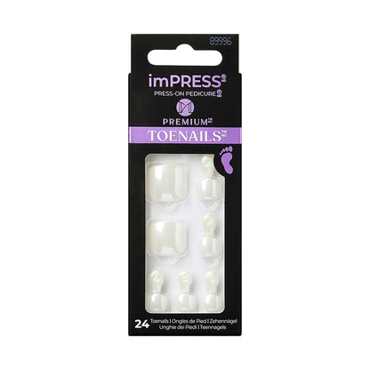 KISS imPRESS Premium No Glue Pedi Press-On Toenails, Sparkling White Pearl, Squoval Shape, 24 Nails, Large Size Avelisse