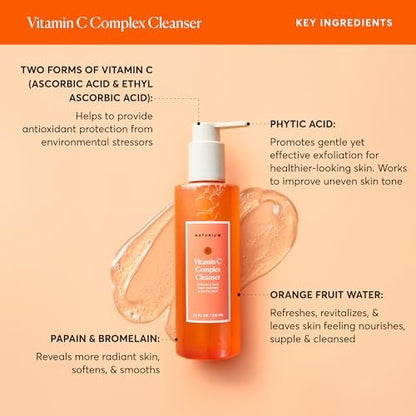 Naturium Vitamin C Complex Cleanser - Gently Exfoliating Foaming Face Wash with Phytic Acid & Fruit Enzymes, 7.1 oz