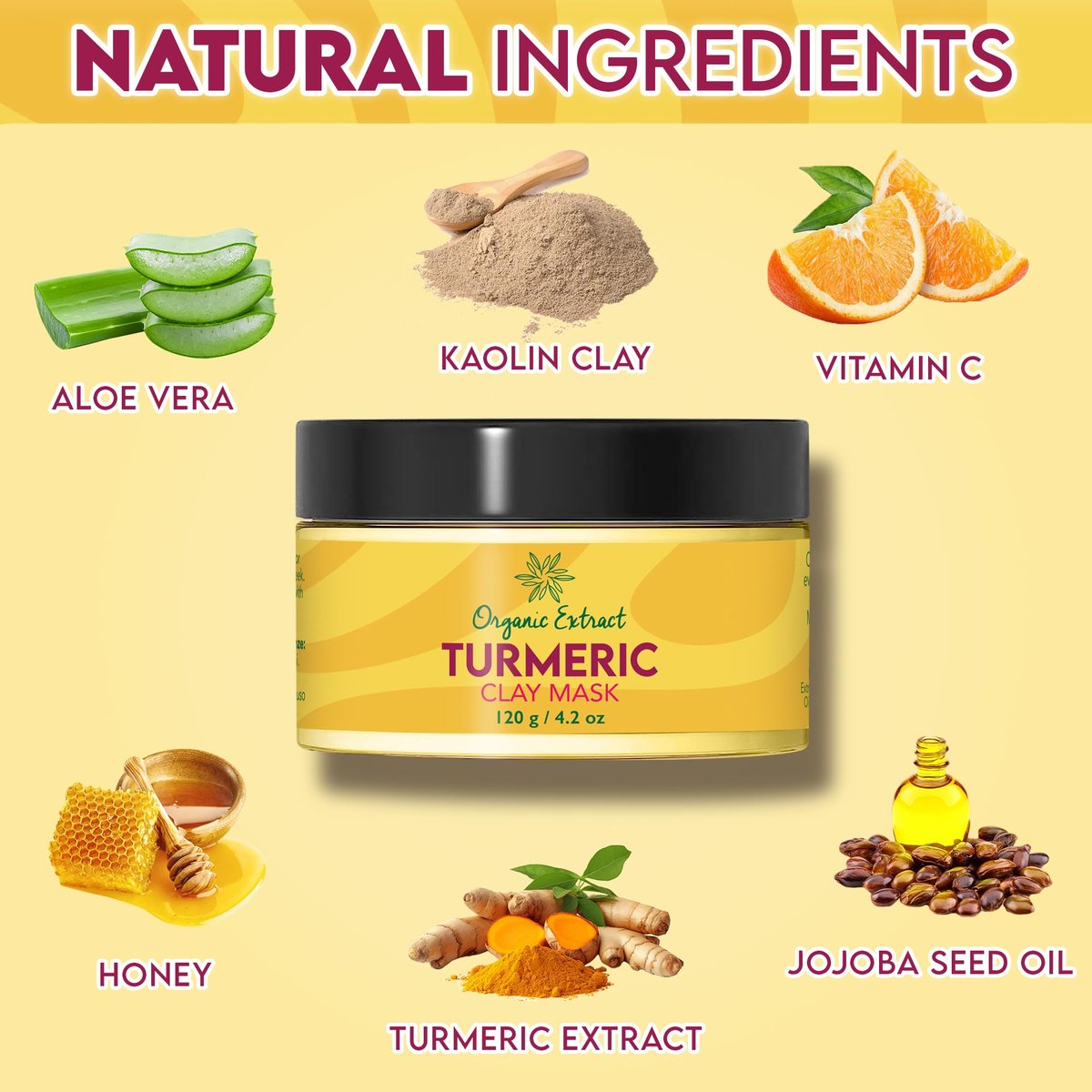 ORGANIC EXTRACT Turmeric Face Mask – Vitamin C Brightening Clay Mask for Face, 4.2 fl oz / 120g – Reduces Dark Spots, Deep Cleansing with Honey, Jojoba Oil, Aloe Vera - görsel 3