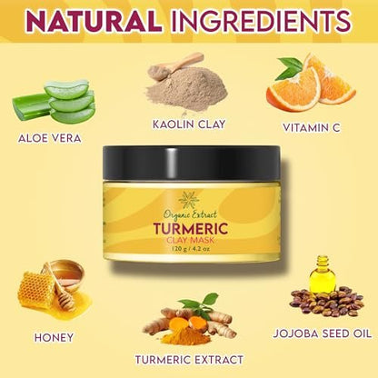 ORGANIC EXTRACT Turmeric Face Mask – Vitamin C Brightening Clay Mask for Face, 4.2 fl oz / 120g – Reduces Dark Spots, Deep Cleansing with Honey, Jojoba Oil, Aloe Vera