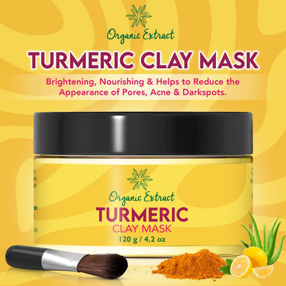 ORGANIC EXTRACT Turmeric Face Mask – Vitamin C Brightening Clay Mask for Face, 4.2 fl oz / 120g – Reduces Dark Spots, Deep Cleansing with Honey, Jojoba Oil, Aloe Vera