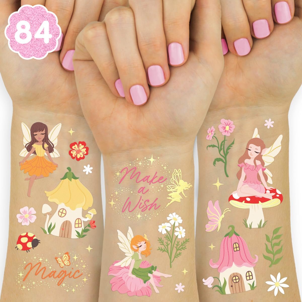 xo, Fetti Woodland Fairy Temporary Tattoos - 84 Foil Styles for Magical Princess Birthday, Forest Baby Shower, Girls Garden Accessory - görsel 2