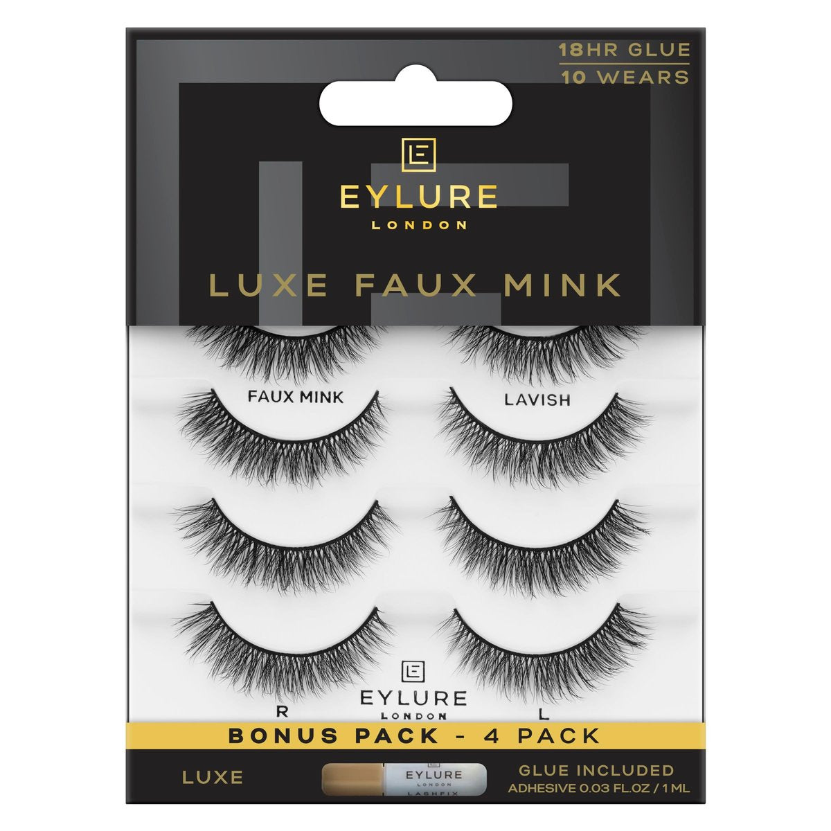 Eylure Luxe Faux Mink False Lashes - Natural Lavish, 4 Pairs Bonus Pack with Glue | 10 Wears Avelisse