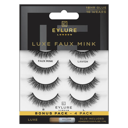 Eylure Luxe Faux Mink False Lashes - Natural Lavish, 4 Pairs Bonus Pack with Glue | 10 Wears Avelisse