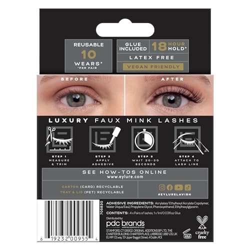 Eylure Luxe Faux Mink False Lashes - Natural Lavish, 4 Pairs Bonus Pack with Glue | 10 Wears Avelisse