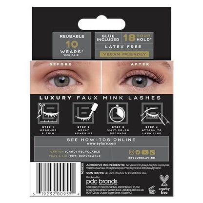 Eylure Luxe Faux Mink False Lashes - Natural Lavish, 4 Pairs Bonus Pack with Glue | 10 Wears Avelisse