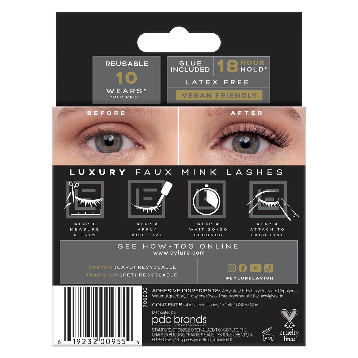 Eylure Luxe Faux Mink False Lashes - Natural Lavish, 4 Pairs Bonus Pack with Glue | 10 Wears Avelisse