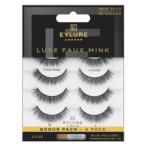 Eylure Luxe Faux Mink False Lashes - Natural Lavish, 4 Pairs Bonus Pack with Glue | 10 Wears Avelisse