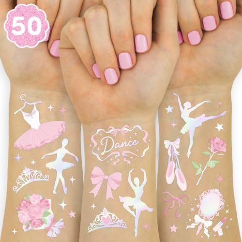 xo, Fetti Ballerina Party Temporary Tattoos - 50 Iridescent Foil | Happy Birthday Princess Decorations, Bow Girl Baby Shower Accessory, Ballet Theme Favor, Dancer Gift + Tutu Supplies - görsel 1