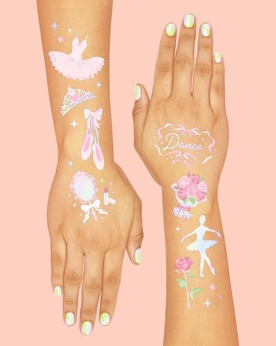 xo, Fetti Ballerina Party Temporary Tattoos - 50 Iridescent Foil | Happy Birthday Princess Decorations, Bow Girl Baby Shower Accessory, Ballet Theme Favor, Dancer Gift + Tutu Supplies
