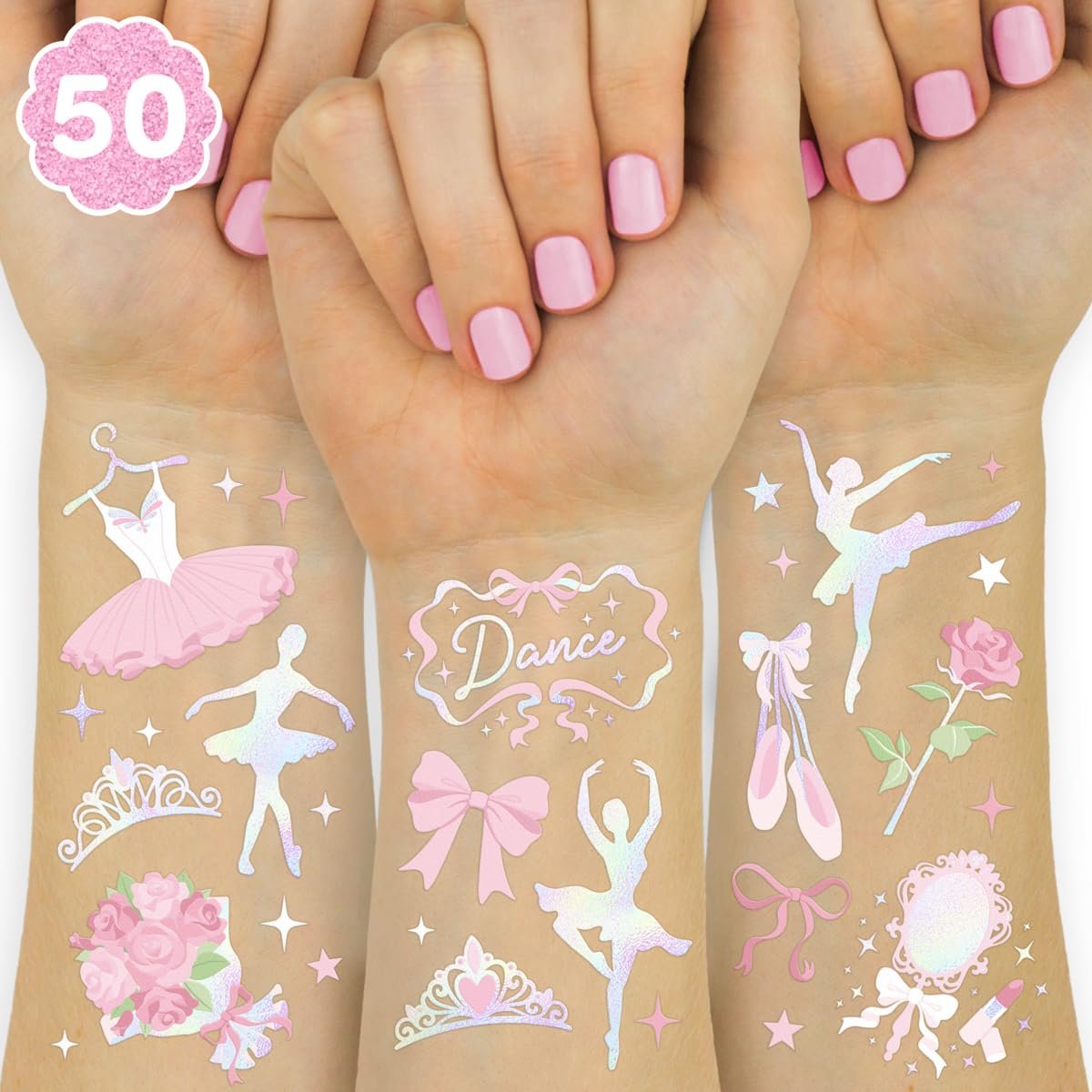 xo, Fetti Ballerina Party Temporary Tattoos - 50 Iridescent Foil | Happy Birthday Princess Decorations, Bow Girl Baby Shower Accessory, Ballet Theme Favor, Dancer Gift + Tutu Supplies - görsel 2