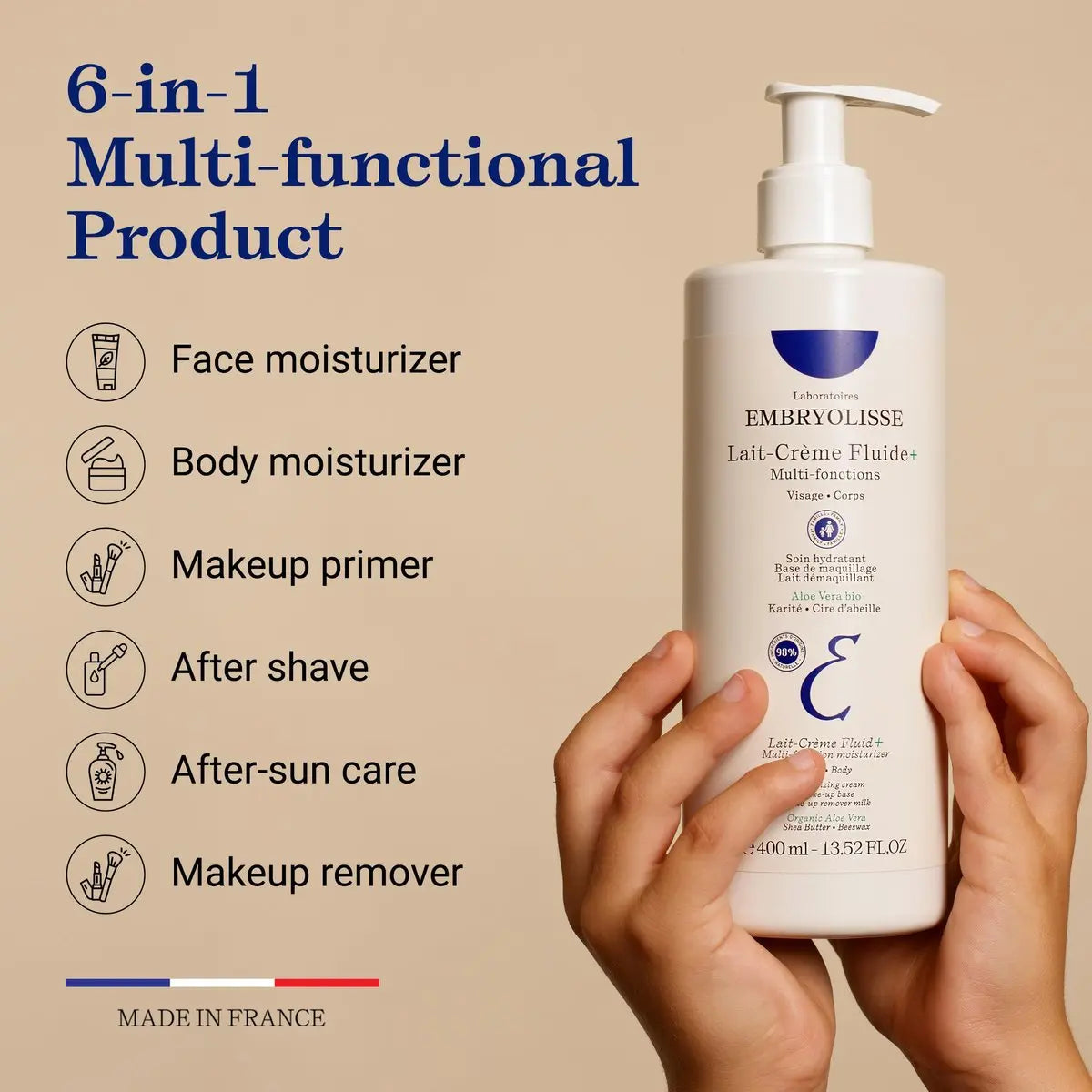 Embryolisse Lait-Crème Fluid+ Face & Body Cream - Multi-Use Lightweight Moisturizer with Shea Butter & Aloe Vera, Fast Absorbing, For All Skin Types, 13.52 Fl Oz Avelisse