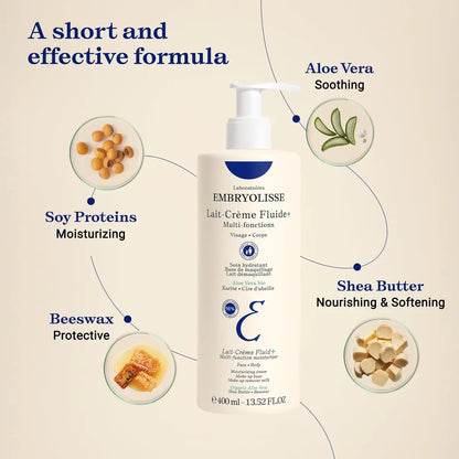 Embryolisse Lait-Crème Fluid+ Face & Body Cream - Multi-Use Lightweight Moisturizer with Shea Butter & Aloe Vera, Fast Absorbing, For All Skin Types, 13.52 Fl Oz Avelisse