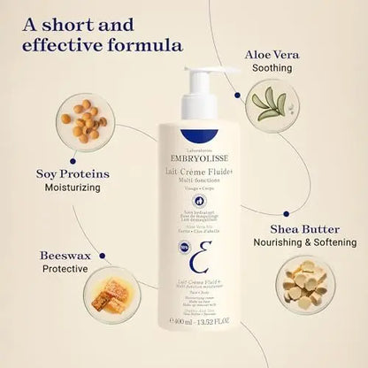 Embryolisse Lait-Crème Fluid+ Face & Body Cream - Multi-Use Lightweight Moisturizer with Shea Butter & Aloe Vera, Fast Absorbing, For All Skin Types, 13.52 Fl Oz Avelisse