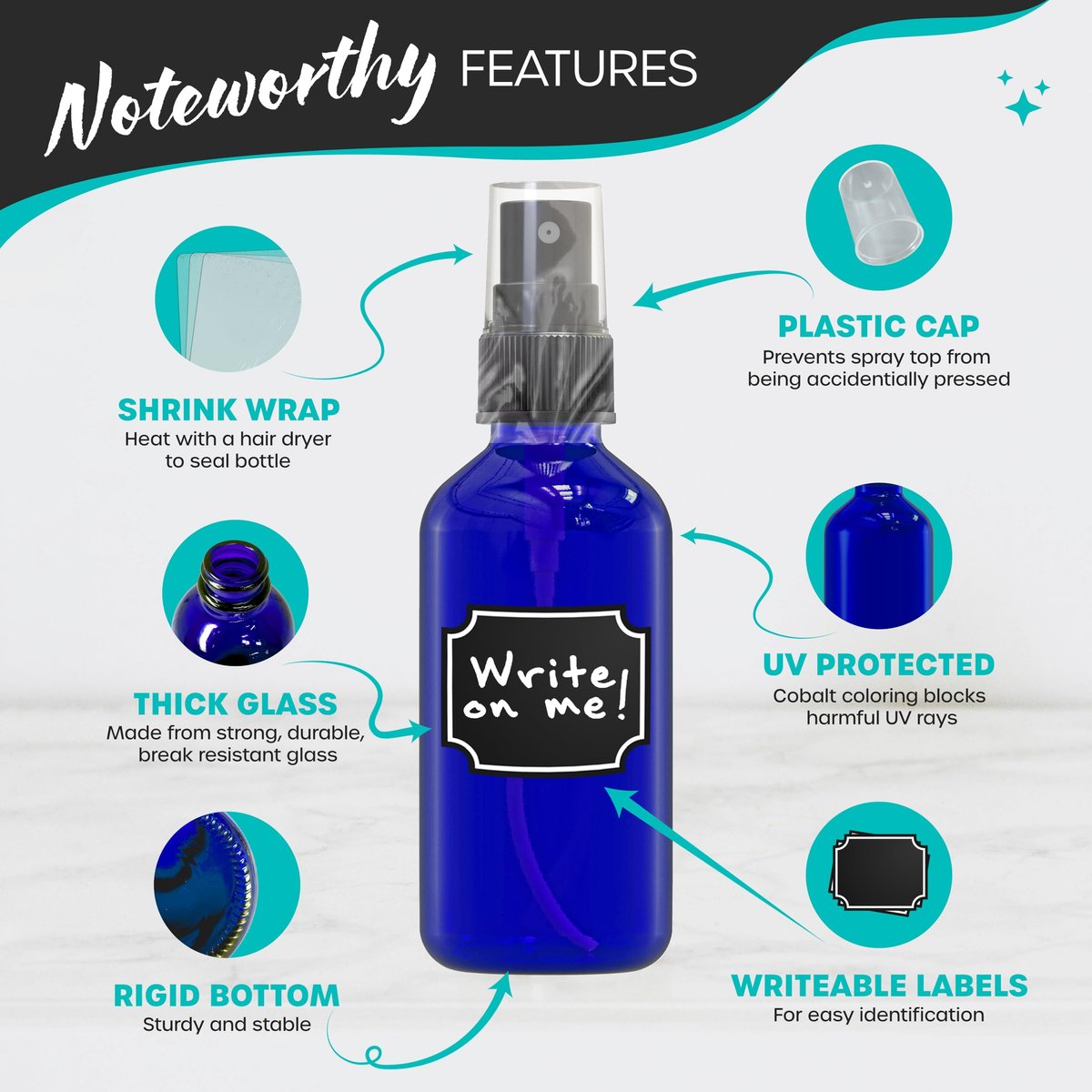 Nevlers 2 Oz Small Spray Bottle 48 Pack - Blue Glass Spritzer Bottles Mist Set with Labels, Marker, Funnel, Brush & Shrink Wrap for Oils, Scents & Travel Avelisse
