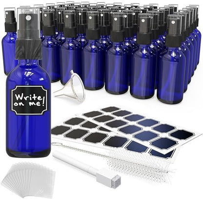 Nevlers 2 Oz Small Spray Bottle 48 Pack - Blue Glass Spritzer Bottles Mist Set with Labels, Marker, Funnel, Brush & Shrink Wrap for Oils, Scents & Travel Avelisse
