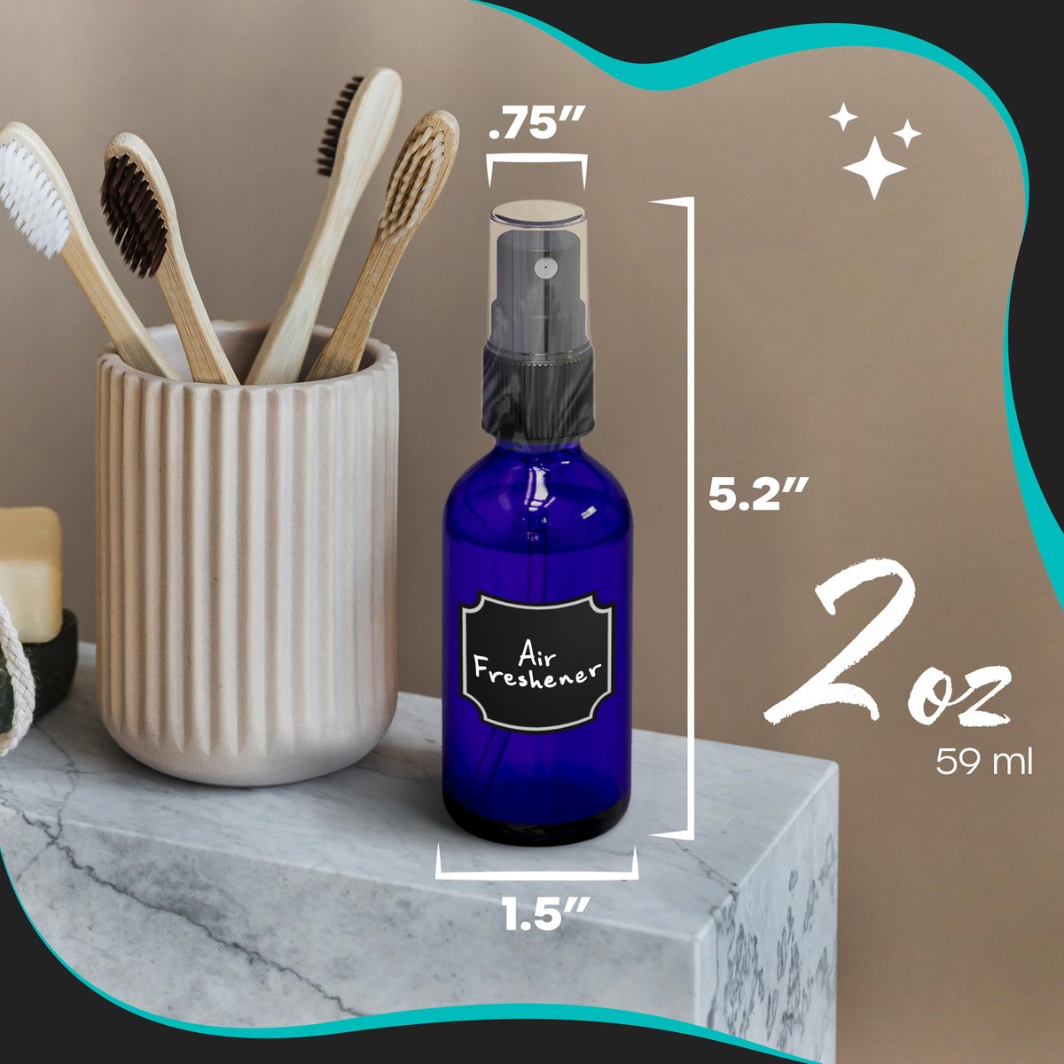 Nevlers 2 Oz Small Spray Bottle 48 Pack - Blue Glass Spritzer Bottles Mist Set with Labels, Marker, Funnel, Brush & Shrink Wrap for Oils, Scents & Travel Avelisse