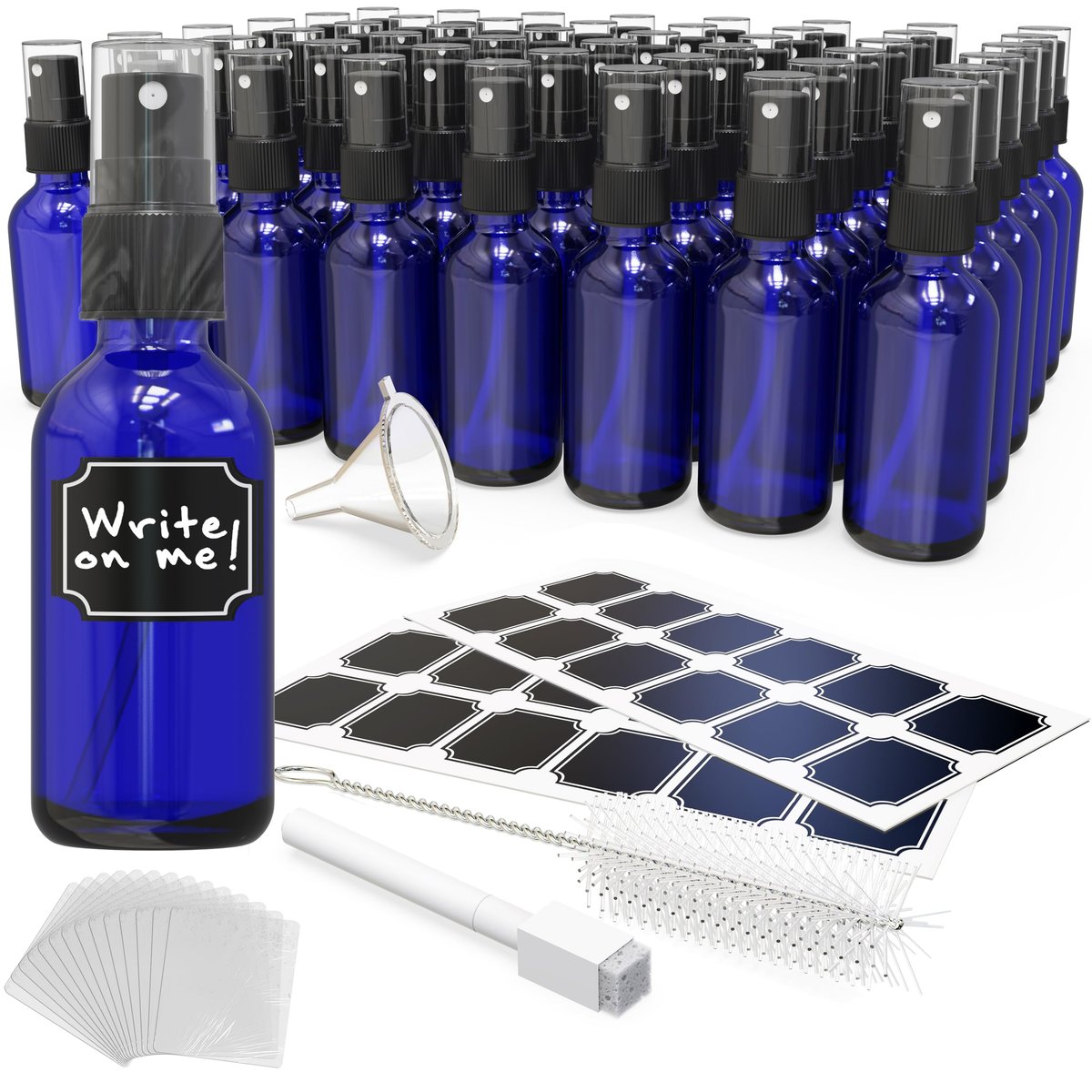 Nevlers 2 Oz Small Spray Bottle 48 Pack - Blue Glass Spritzer Bottles Mist Set with Labels, Marker, Funnel, Brush & Shrink Wrap for Oils, Scents & Travel Avelisse