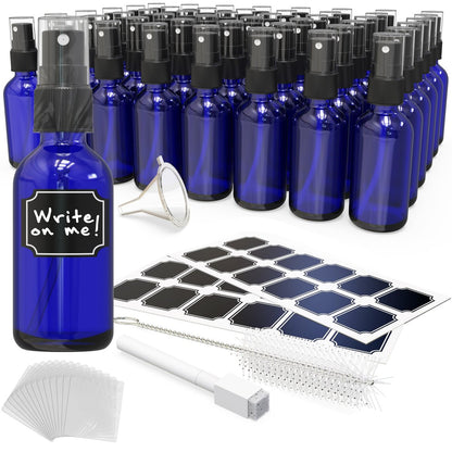 Nevlers 2 Oz Small Spray Bottle 48 Pack - Blue Glass Spritzer Bottles Mist Set with Labels, Marker, Funnel, Brush & Shrink Wrap for Oils, Scents & Travel Avelisse