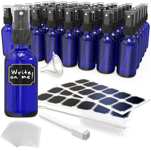 Nevlers 2 Oz Small Spray Bottle 48 Pack - Blue Glass Spritzer Bottles Mist Set with Labels, Marker, Funnel, Brush & Shrink Wrap for Oils, Scents & Travel Avelisse