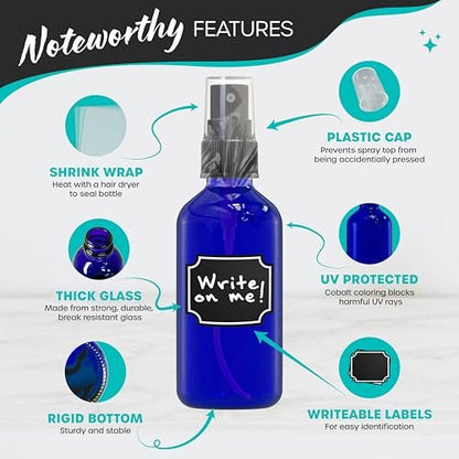 Nevlers 2 Oz Small Spray Bottle 48 Pack - Blue Glass Spritzer Bottles Mist Set with Labels, Marker, Funnel, Brush & Shrink Wrap for Oils, Scents & Travel Avelisse