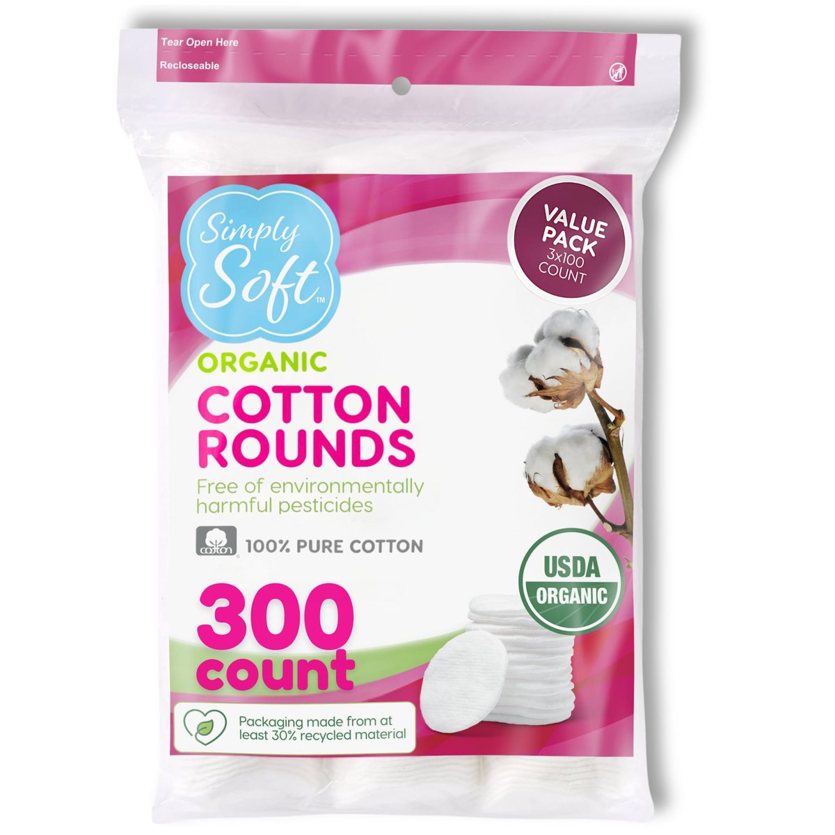 Simply Soft Premium Organic Cotton Rounds, 100 Count (Pack of 3) – 100% Certified Organic, Hypoallergenic, Lint-Free Cotton Pads for Skincare & Cosmetics - görsel 1