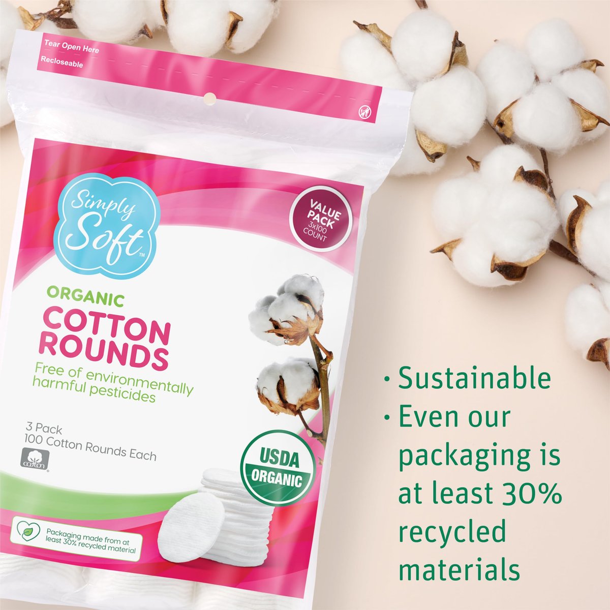 Simply Soft Premium Organic Cotton Rounds, 100 Count (Pack of 3) – 100% Certified Organic, Hypoallergenic, Lint-Free Cotton Pads for Skincare & Cosmetics - görsel 13