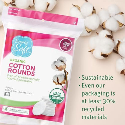 Simply Soft Premium Organic Cotton Rounds, 100 Count (Pack of 3) – 100% Certified Organic, Hypoallergenic, Lint-Free Cotton Pads for Skincare & Cosmetics