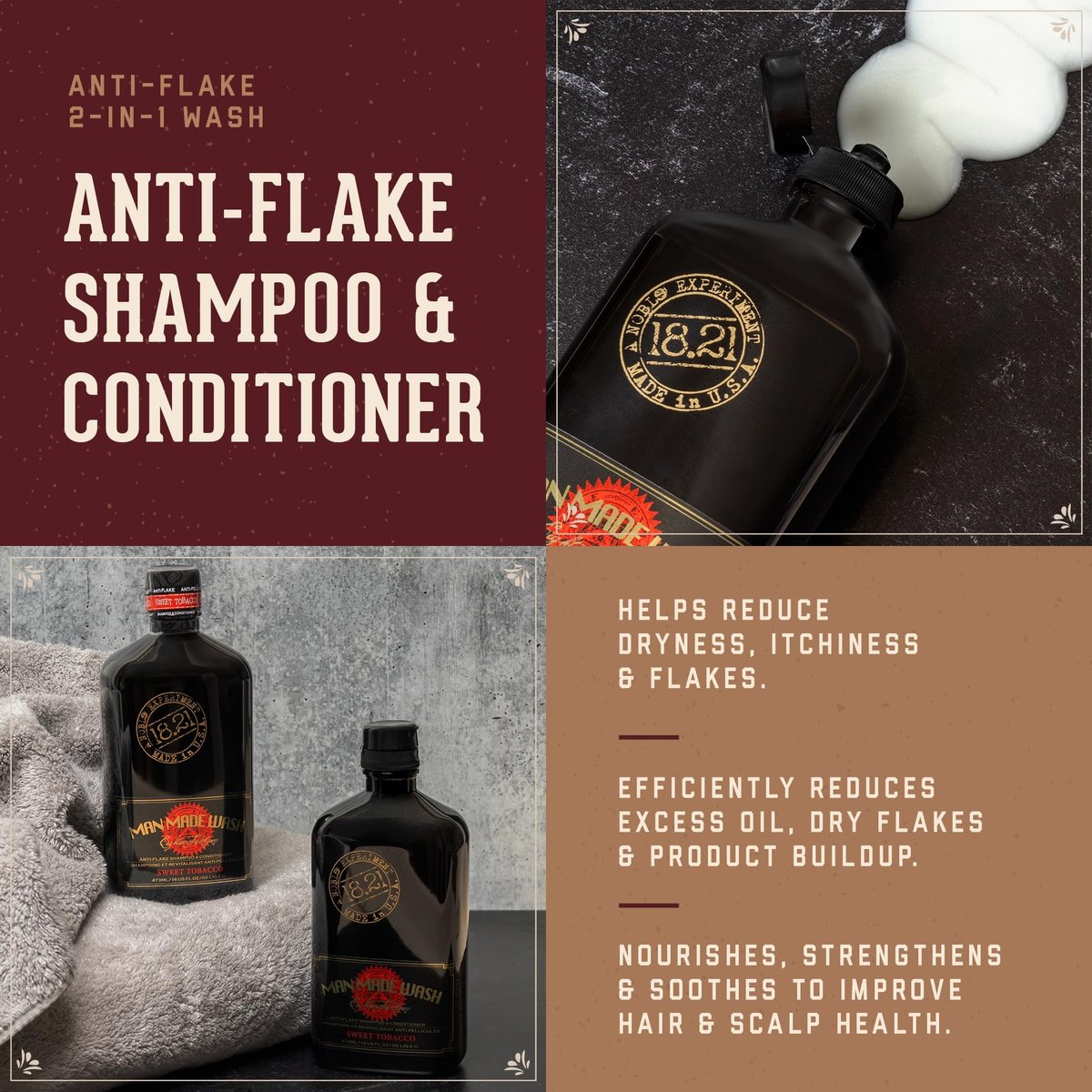 18.21 Man Made Anti-Flake 2-in-1 Shampoo & Conditioner in Sweet Tobacco – Hydrating Cleanse for Dry, Itchy, Flaky Scalp, 16 oz Avelisse
