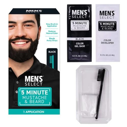 Men's Select 5 Minute Mustache & Beard Black Brush-In Facial Hair Dye - Fast & Easy Application, 1 Fl Oz