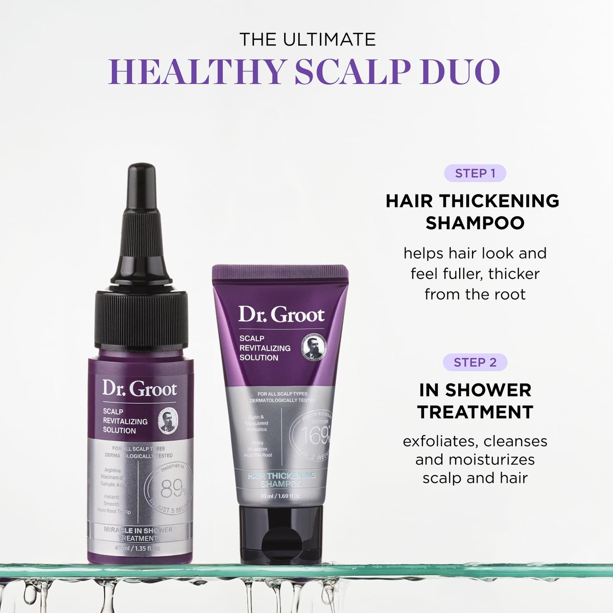 Dr. Groot Scalp Revitalizing Solution Travel Set for Hair Loss - Korean Hair Care with Rosemary Oil, Hair Thickening Shampoo & Miracle In-Shower Treatment, TSA Approved (3-Pack, 1.01 Fl Oz Each) Avelisse