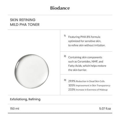 Biodance Skin Refining Mild PHA Toner – Gentle Exfoliating & Hydrating Face Toner for Sensitive Skin with Ceramides & NMF, 5.07 fl oz (150ml) Avelisse