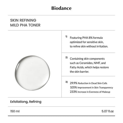 Biodance Skin Refining Mild PHA Toner – Gentle Exfoliating & Hydrating Face Toner for Sensitive Skin with Ceramides & NMF, 5.07 fl oz (150ml) Avelisse