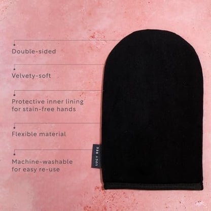 Lucy Bee Self Tanning Mitt – Reusable Double-Sided Velvety Soft Applicator for Streak-Free Natural Tan, Stain-Free Hands, Washable Black Mitt