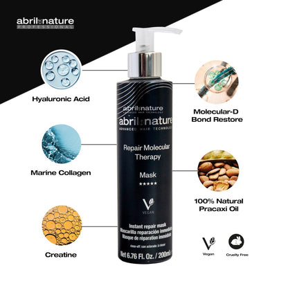 abril et nature Professional Mask Molecular Therapy - Restructures, Repairs, and Fills Hair Fiber - Nourishing & Hydrating - For Damaged, Overprocessed, or Aging Hair - Vegan - 200 ml